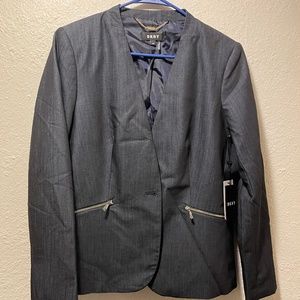 Dkny Petite Collarless Denim One-Botton Jacket